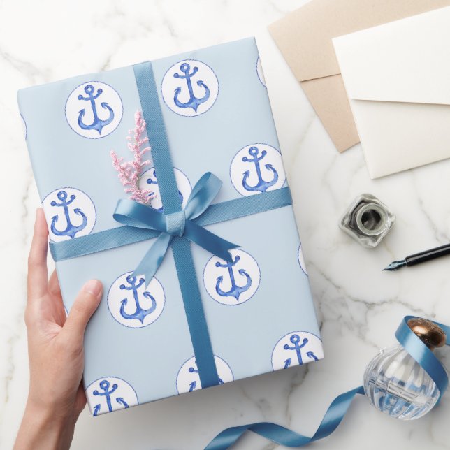 Papier Cadeau Thème nautique | Papier d'enveloppement Ancres ble (Cadeaux)