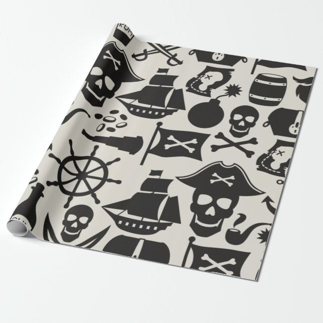 Papier Cadeau Thème pirate noir Motif nautique (Déroulé)