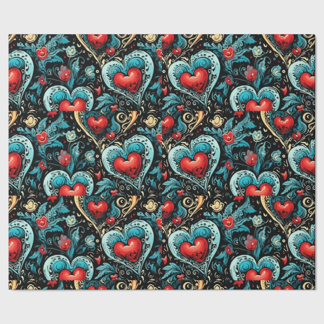 Papier Cadeau Thème Tattoo Blue Red Hearts (Couture)