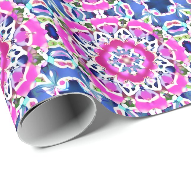 Papier Cadeau Tie Dye Mandala Motif Denim bleu et rose (Coin rond)