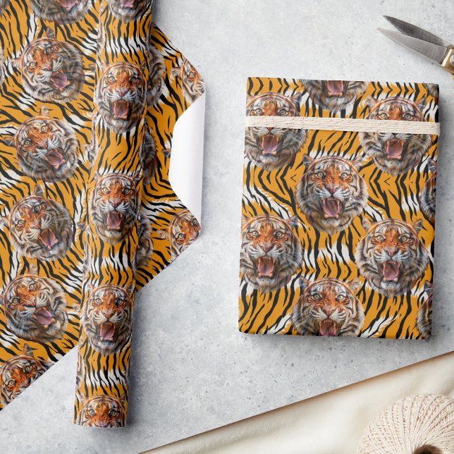 Papier Cadeau Tiger Tête Sur Tiger Skin Design Poster de animal (Créateur téléchargé)