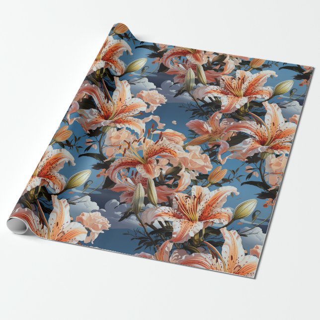 Papier Cadeau Tigre Blanc Pastel Lilly sans couture (Déroulé)