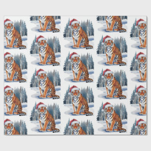 Papier Cadeau Tigre Branché avec Chapeau de Père Noël Noël