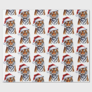 Papier Cadeau Tigre Branché avec Chapeau de Père Noël Noël Vert 