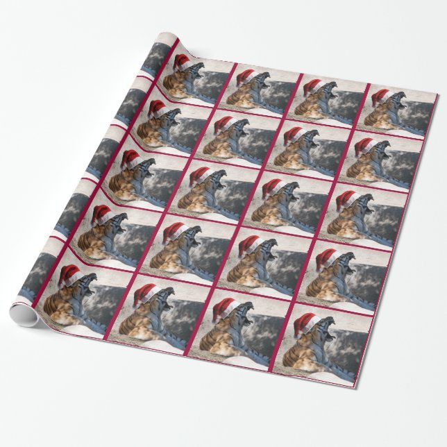Papier Cadeau Tigre de Noël avec chapeau de Père Noël (Déroulé)
