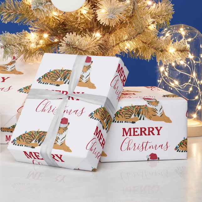 Papier Cadeau Tigre de Noël drôle animal avec chapeau de Père No (Vacances)