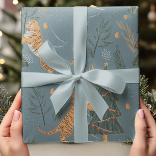 Papier Cadeau Tigre de Noël Vintage avec Arbre de Noël Bleu