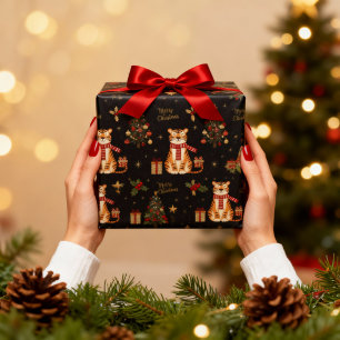 Papier Cadeau Tigre de Noël Vintage avec arbre noir