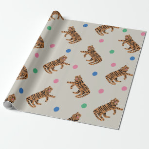 Papier Cadeau Tigre dessiné à la main vintage et pois colorés