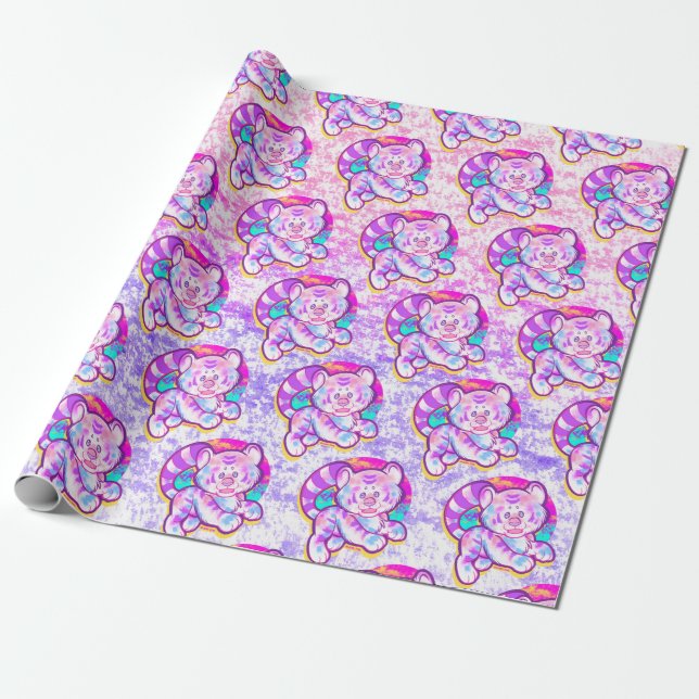 Papier Cadeau Tigre neige mignonne Neon Kidcore (Déroulé)