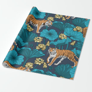 Papier Cadeau Tigres dans l'étang jaune de lotus