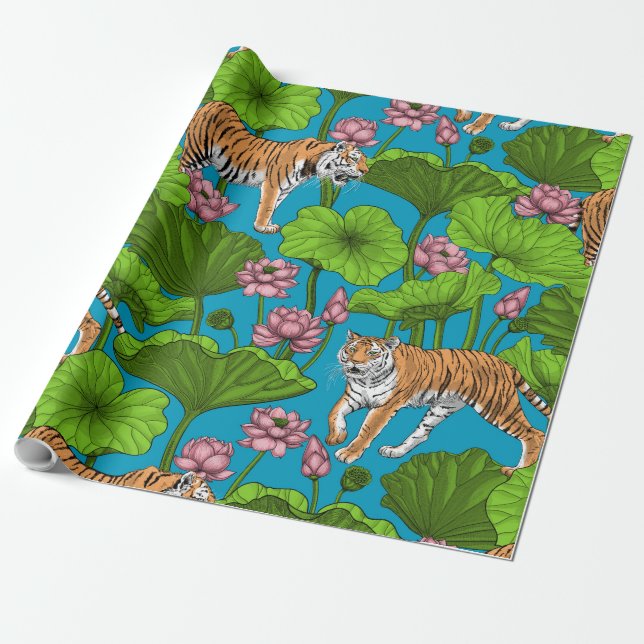 Papier Cadeau Tigres dans l'étang rose lotus (Déroulé)