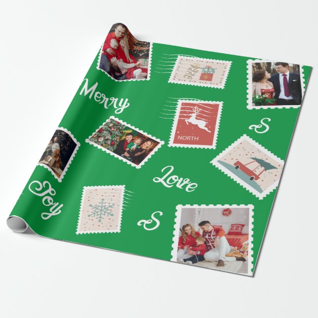 Papier Cadeau Timbre De Noël Nom Et Photos Personnalisées (Déroulé)