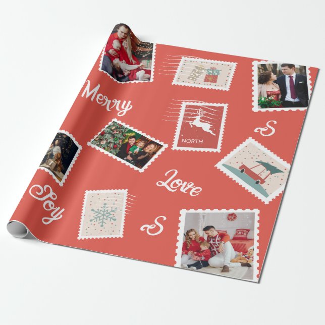 Papier Cadeau Timbre De Noël Nom Et Photos Personnalisées (Déroulé)