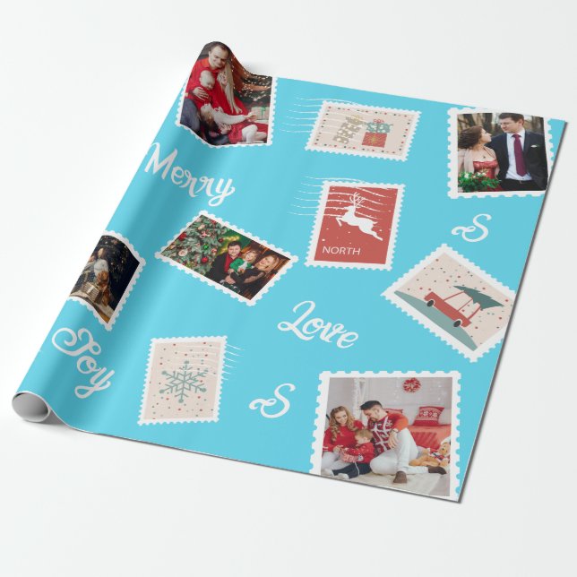Papier Cadeau Timbre De Noël Nom Et Photos Personnalisées (Déroulé)