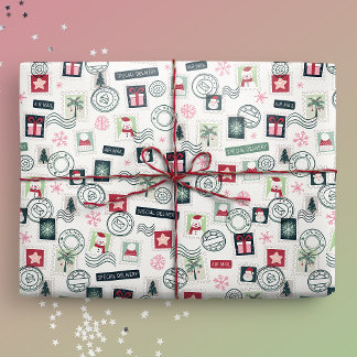 Papier Cadeau Timbres illustrées de courrier de Noël