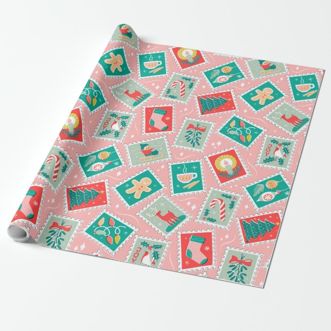 Papier Cadeau Timbres postés de Noël rétro (Déroulé)