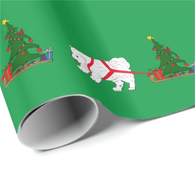 Papier Cadeau Tirez le Samoyed tirant l'arbre de Noël (Coin rond)