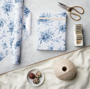 Papier Cadeau Tissu Toile Coquette Rubans et Nœuds Bleus Motif 