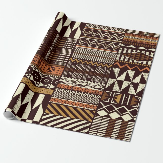 Papier Cadeau Tissu tribal africain patchwork abstrait vin (Déroulé)
