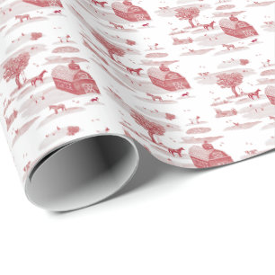 Papier Cadeau Toile Animaux de Ferme (Rouge) 