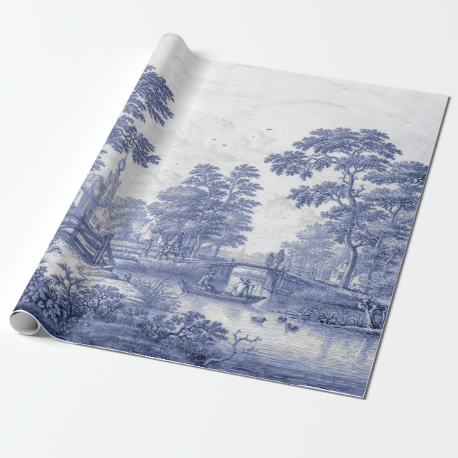 Papier Cadeau Toile Bleue Découpage Vintage Français  (Déroulé)