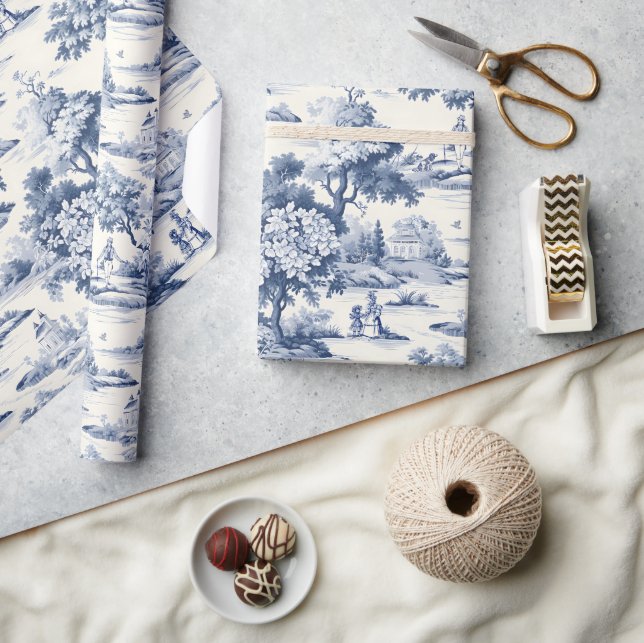 Papier Cadeau Toile de jouy, bleu et blanc, porcelaine, (Artisanat)