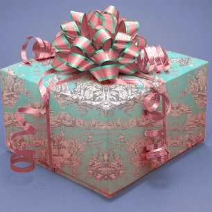 Papier Cadeau Toile de Jouy florale bleu aqua vintage