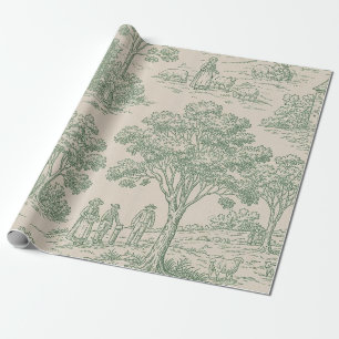Papier Cadeau Toile de la ferme patrimoniale vert sauge et bleu