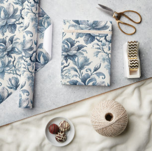 Papier Cadeau Toile Fleurie Bleue Élégante Vintage