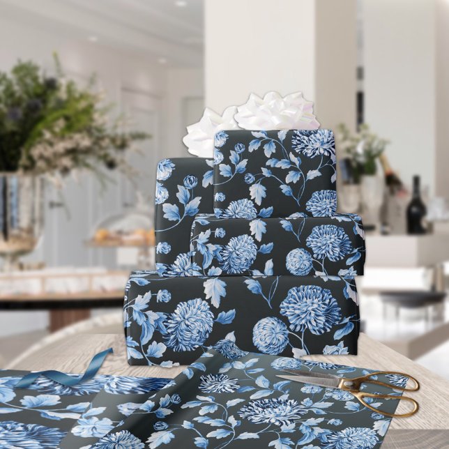Papier Cadeau Toile Florale Bleu noir Ombre Arrière - plan (Créateur téléchargé)
