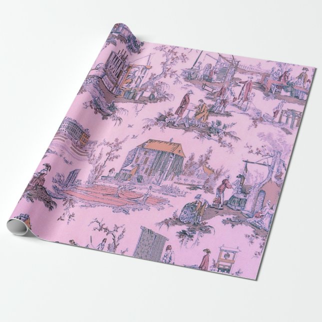 Papier Cadeau Toile rose de Jouy Chinoiserie Découpage (Déroulé)