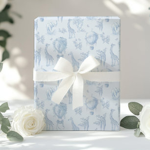 Papier Cadeau Toile Safari animaux Bleu Ballons à air chaud