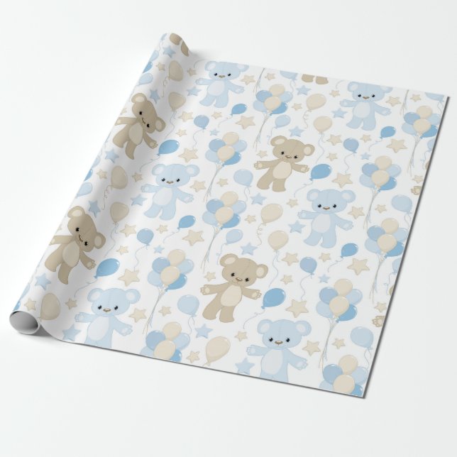 PAPIER CADEAU TONS DE BLEU & TAN NOUNOURS & BALLONS (Déroulé)