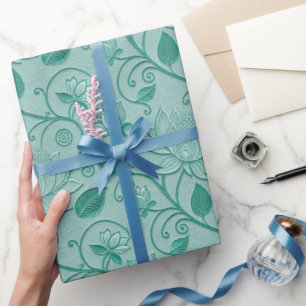 Papier Cadeau Tons de vert pastel motif lotus aspect gaufré