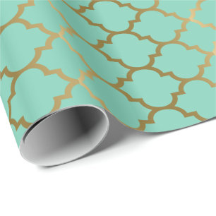 Papier Cadeau Tons Mint Et Or Quatrefoil Motif