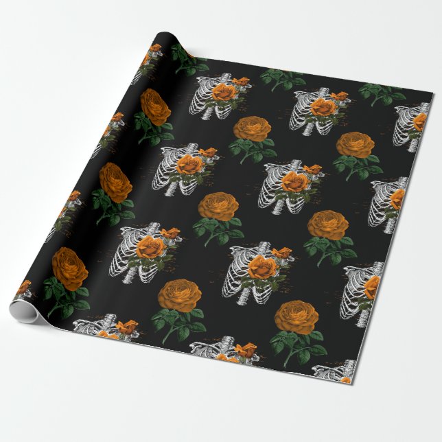 Papier Cadeau Torses de squelette floral orange sur noir (Déroulé)
