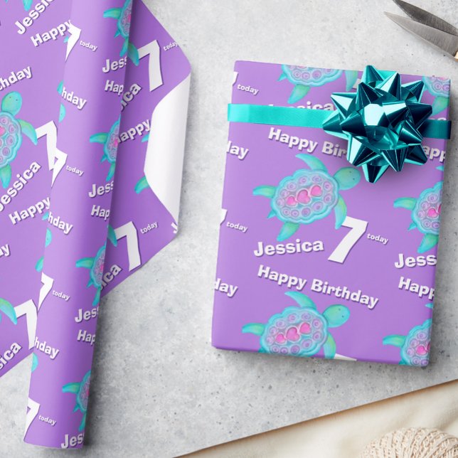 Papier Cadeau Tortue art âge et nom 7e anniversaire envelopper (Créateur téléchargé)