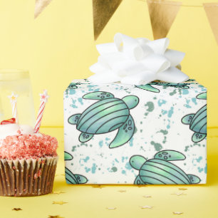 Papier Cadeau tortue de mer à l'aquarelle verte motif bleu anima