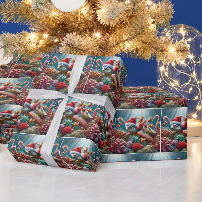Papier Cadeau Tortue de mer avec chapeau de Santa (Vacances)
