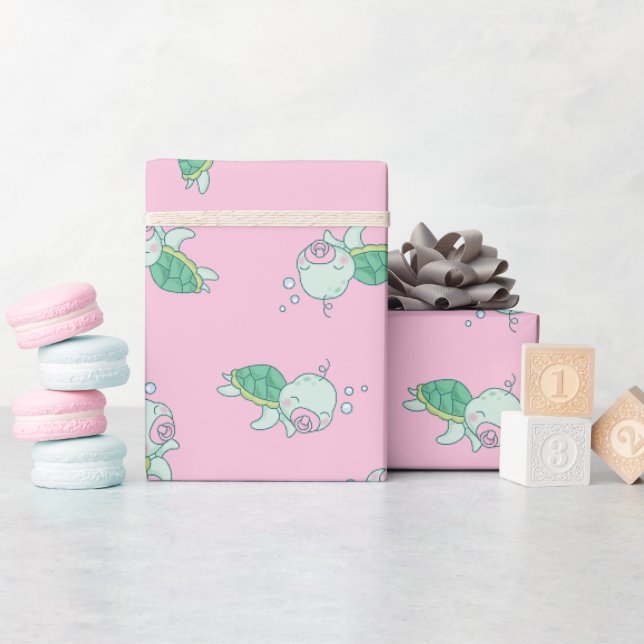 Papier Cadeau Tortue de mer mignonne Baby shower Kawaii Rose Gir (Baby Shower)