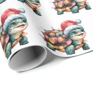 Papier Cadeau Tortue de Noël moderne et branchée à Santa Hat
