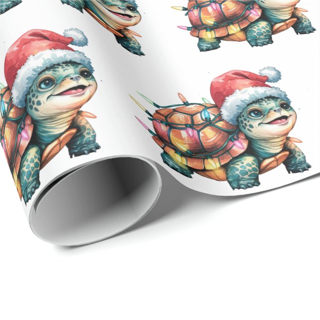 Papier Cadeau Tortue de Noël moderne et branchée à Santa Hat (Coin rond)