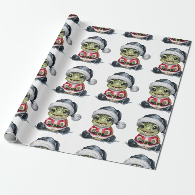 Papier Cadeau Tortue de Noël moderne et branchée à Santa Hat (Déroulé)