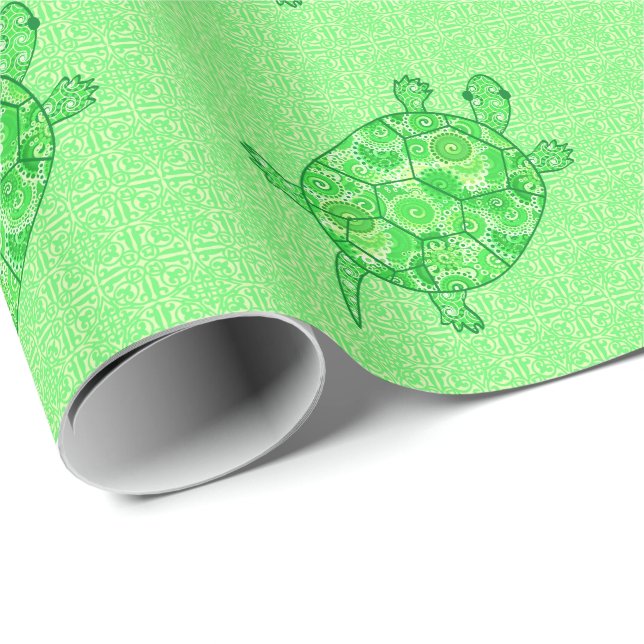 Papier Cadeau Tortue tourbée fractale - chaux et vert émeraude (Coin rond)