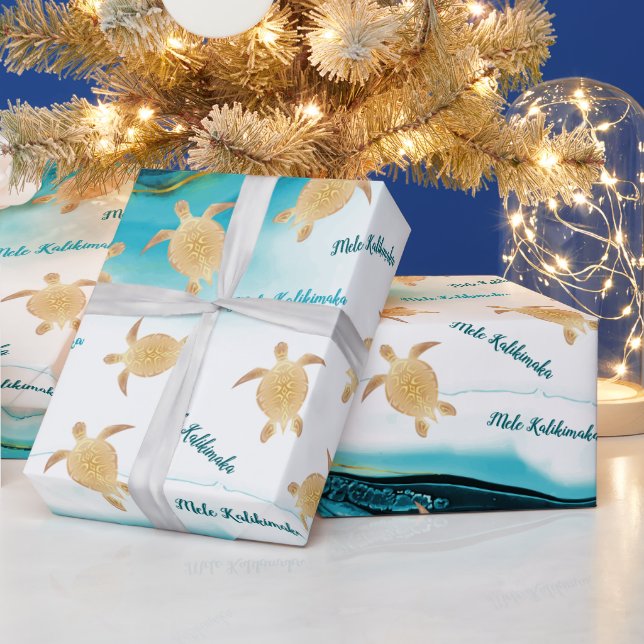 Papier Cadeau Tortues de mer d'or Encre Turquoise | Mele Kalikim (Vacances)