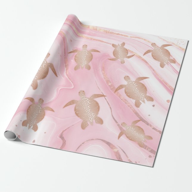 Papier Cadeau Tortues de mer d'or rose Marbre rose (Déroulé)