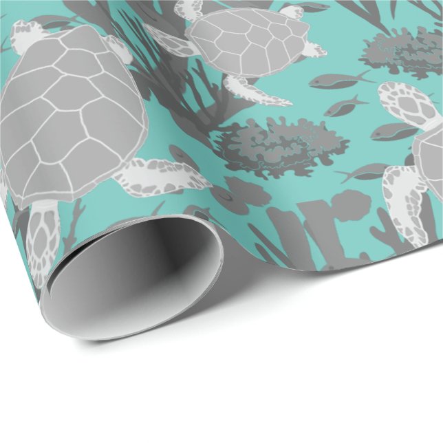 Papier Cadeau Tortues de mer Gris Bleu Marine Faune (Coin rond)