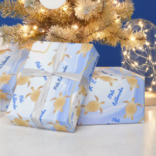 Papier Cadeau Tortues d'or encre bleue Mele Kalikimaka Noël