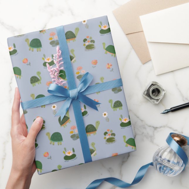 Papier Cadeau Tortues & nénuphars sur fond bleu clair (Cadeaux)